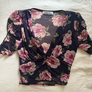Purple and Pink Floral Cropped Mesh Top